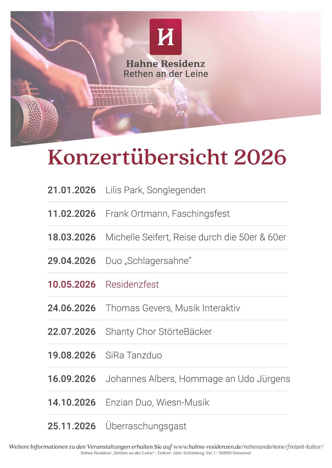 Termine 2026 in der Hahne Residenz „Rethen an der Leine“.
