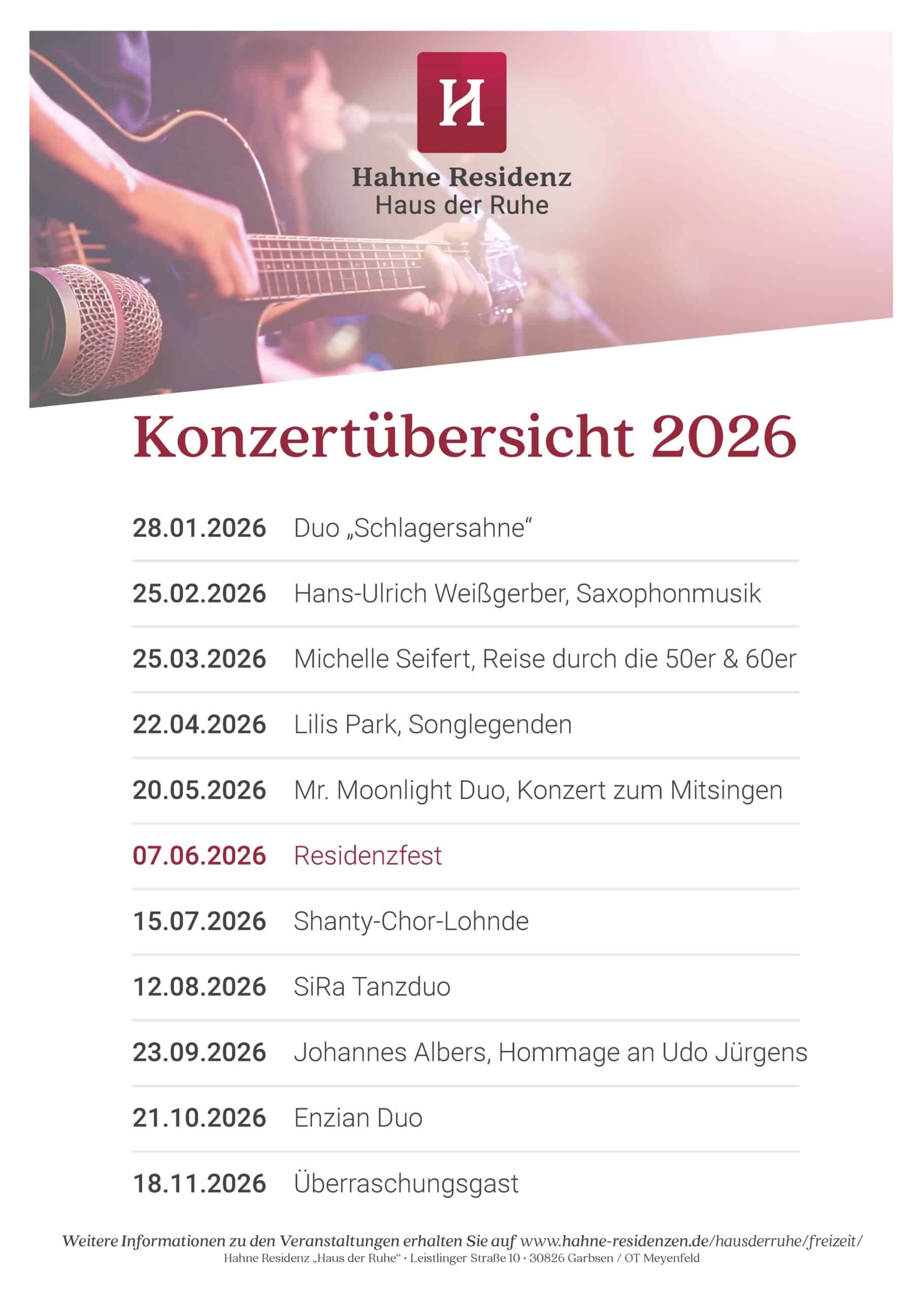 Termine 2026 im „Haus der Ruhe“ mit Konzerten und Festen.