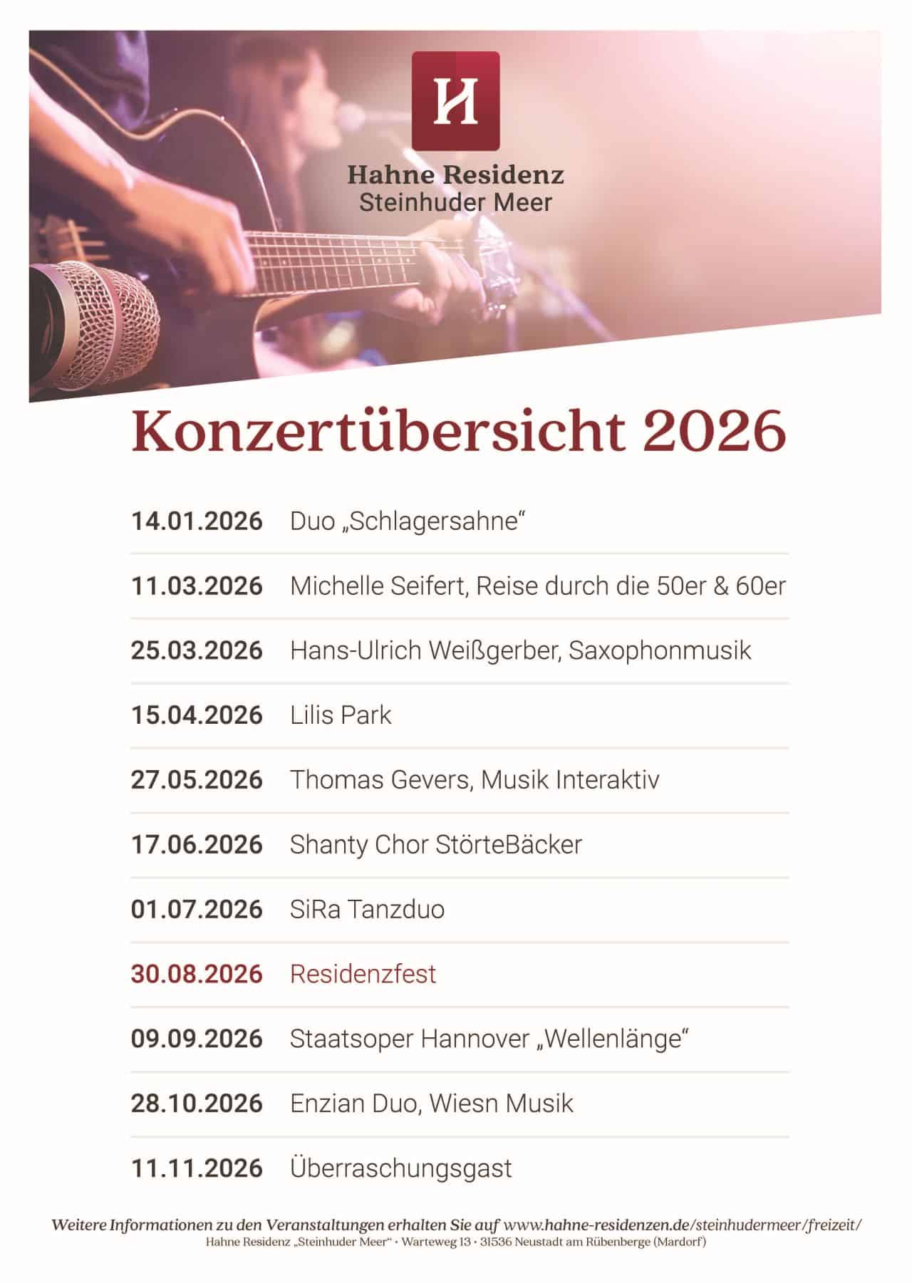 Hahne Residenz Steinhuder Meer: Termine 2026 für Konzerte und Events.